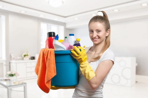 Cleaner applying safe working practices near a wet floor area